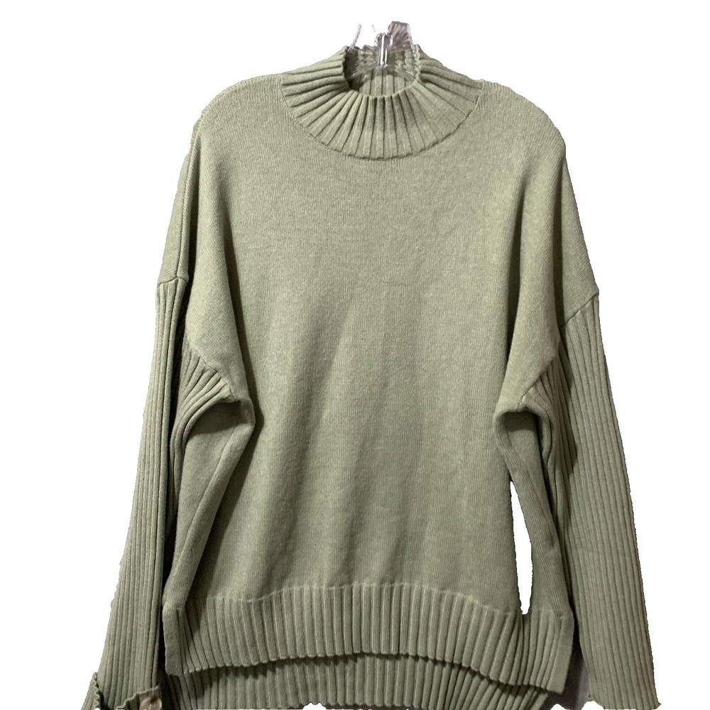 ANRABESS‎ Sweater Womens Large Sage Green Mock Neck Ribbed Sleeves Button Cuff